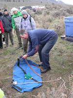 Min. of Environment biologist demonstrating sling for sheep capture