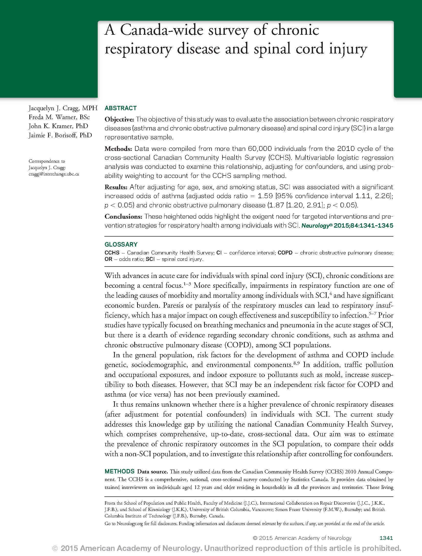 A Canada-wide survey of chronic respiratory disease and spinal cord injury