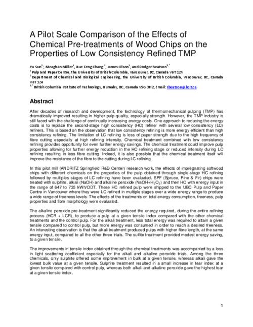 A pilot scale comparison of the effects of chemical pre-treatments of wood  chips on the properties of low consistency refined TMP | The BCIT cIRcuit